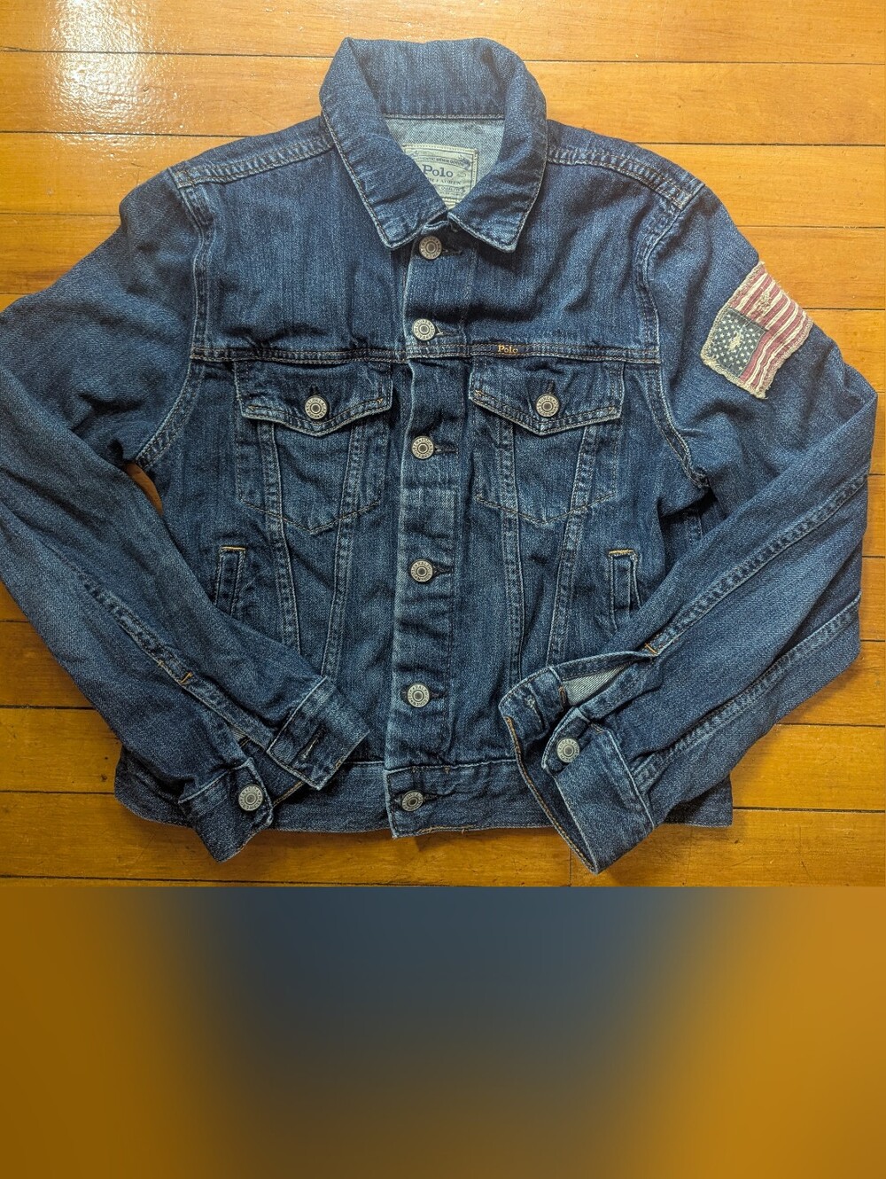 Polo Ralph Lauren Jean Jacket Boys Large Blue Denim Trucker USA Flag Kids 14/16